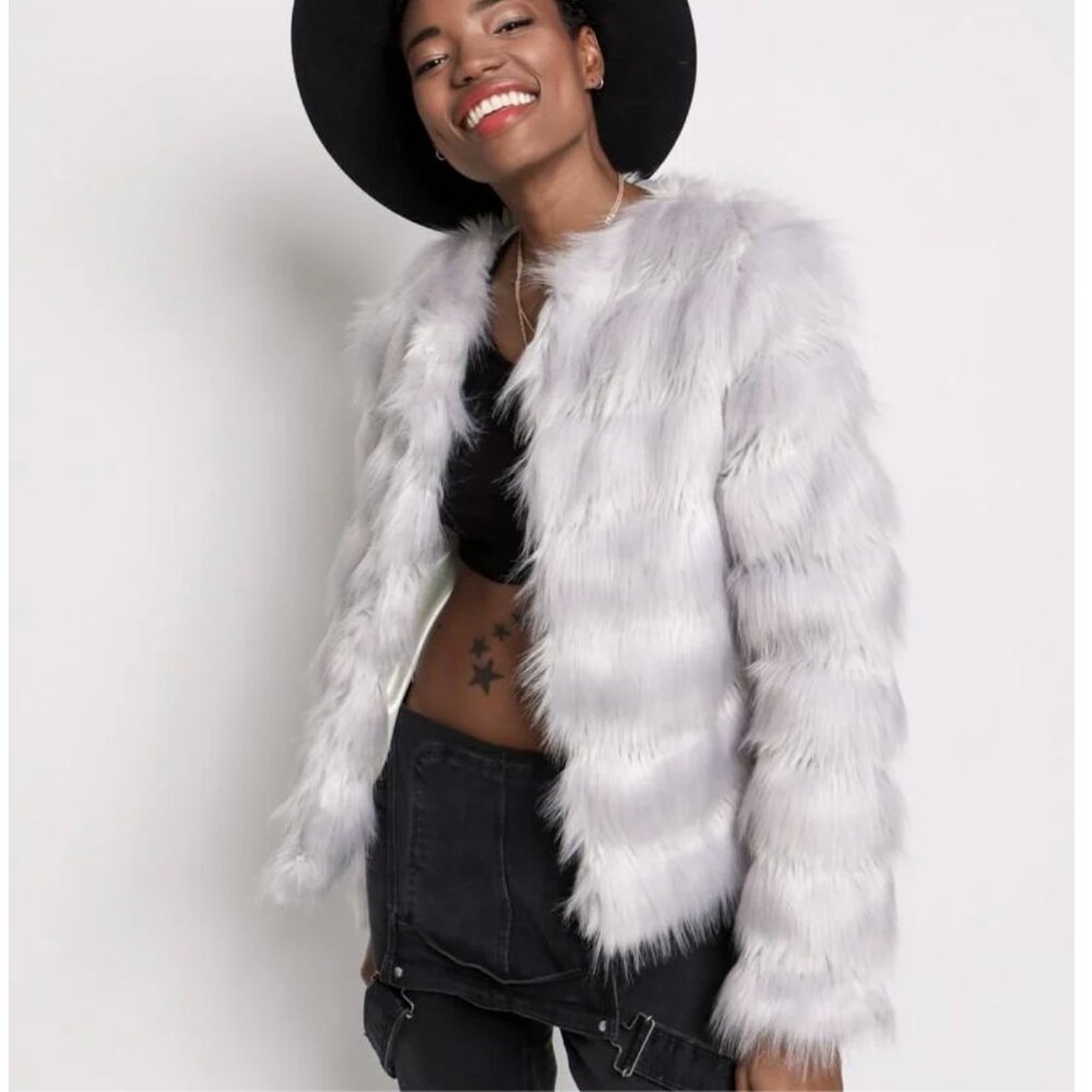 Spirithoods Tundra Fox Faux Fur Bomber Jacket Fluffy Fave Punk Silver Gray S